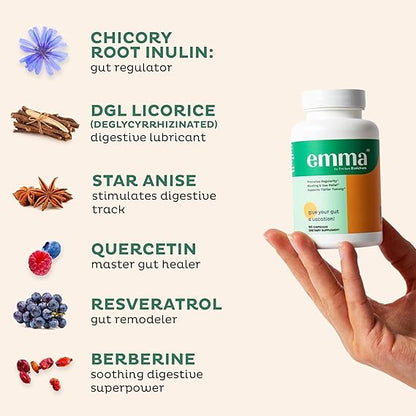 Emma Gut Health Relief Supplement, Doctor Endorsed Formula for Women & Men, Leaky Gut & Digestive Support for Constipation, Bloating & Gas Relief with Berberine, Resveratrol, Quercetin, 60 Caps,2-Pack