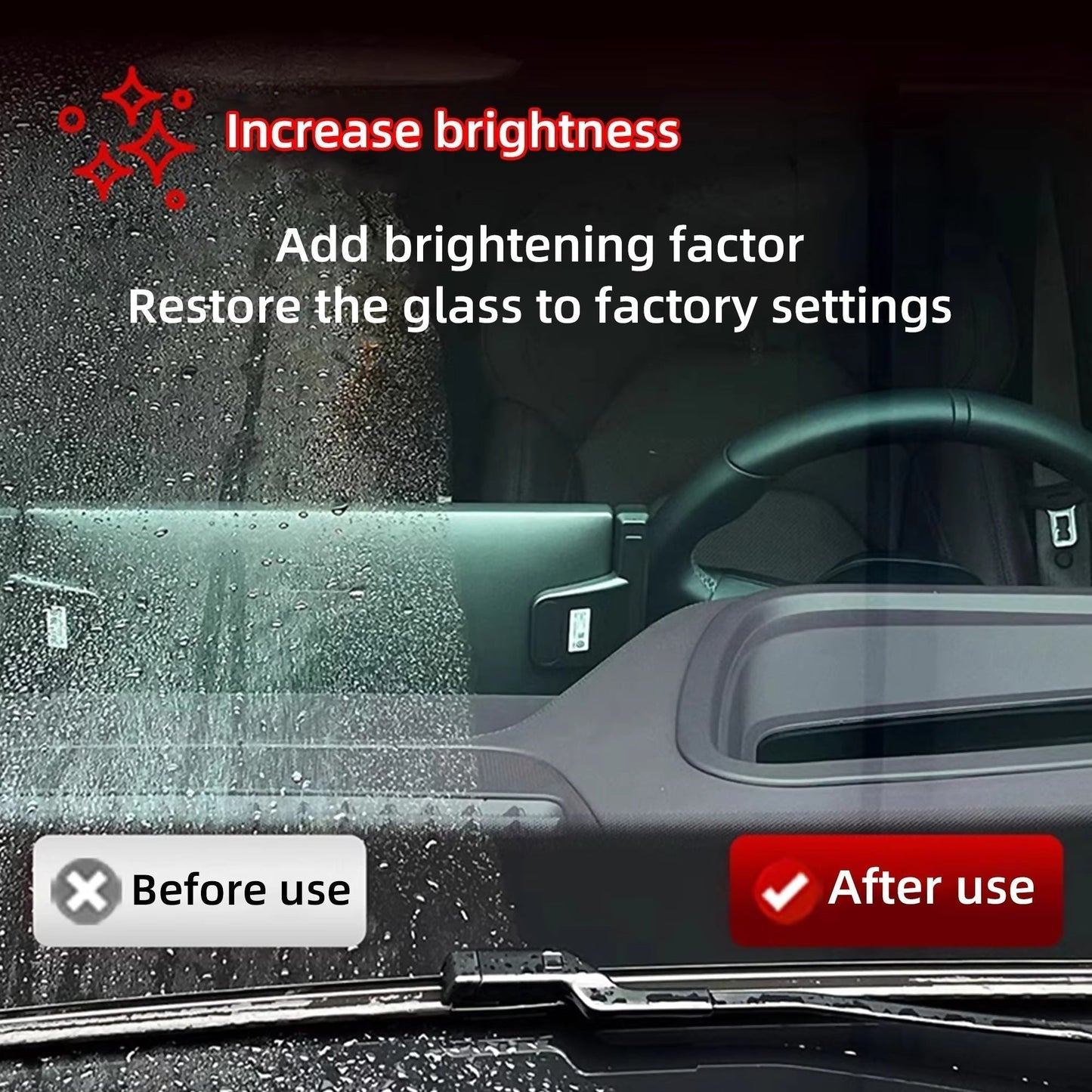 Before and after of the windscreen cleaned with an oil film cleaning brush, which improved clarity by successfully reaching and removing toxic grime and oil residue.