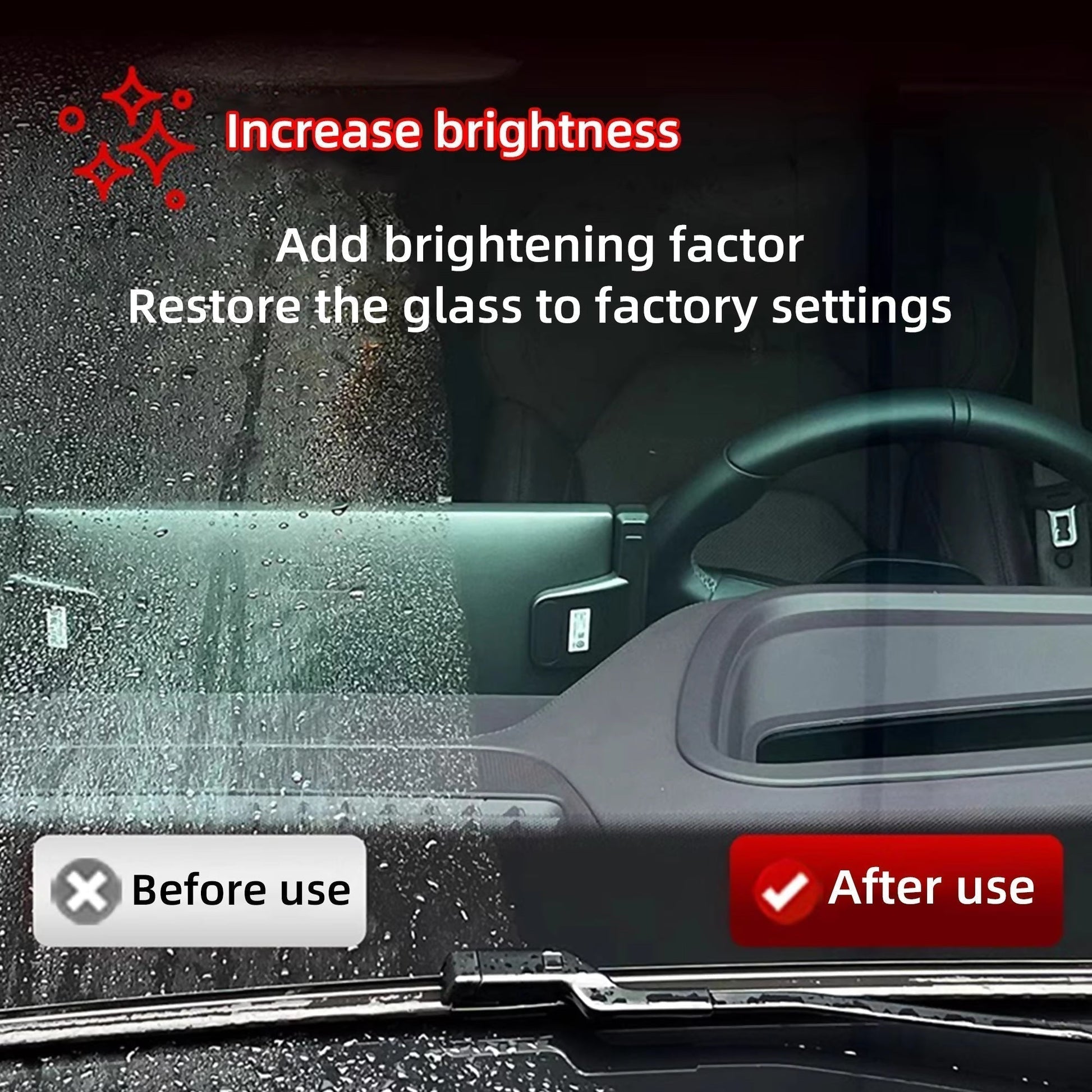 Before and after of the windscreen cleaned with an oil film cleaning brush, which improved clarity by successfully reaching and removing toxic grime and oil residue.